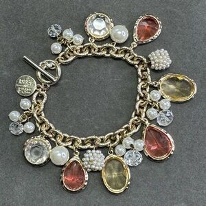 Gold-Tone Multi Charm Bracelet with Pink and Champagne Gemstones